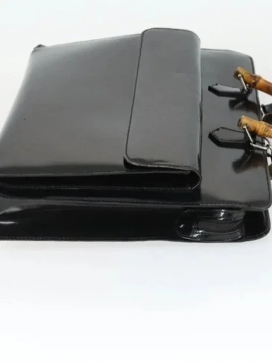 GUCCI Bamboo Hand Bag Patent leather 2 Set Black Auth bs33355 - Picture 4 of 16